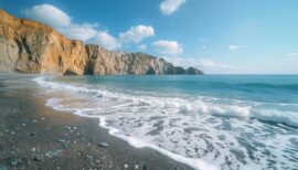 plage avec eau turquoise et montagnes en arrière plan