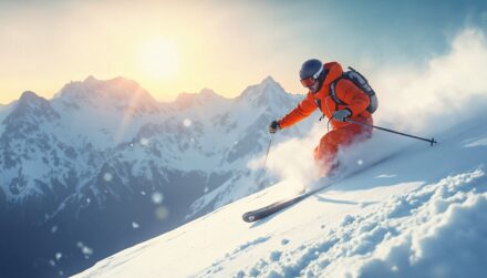 Skieur en combinaison orange en train de descendre une montagne enneigée